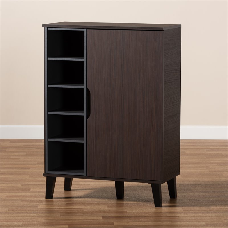 Bowery Hill Two-Tone Dark Brown and Grey Finished Wood 1-Door Shoe Cabinet