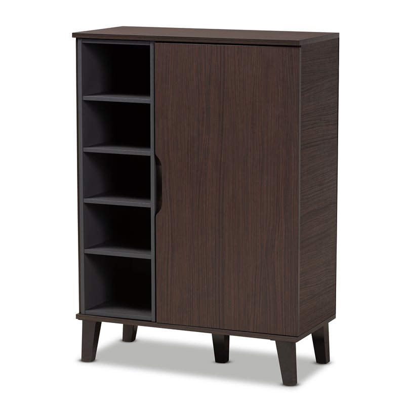 Bowery Hill Two-Tone Dark Brown and Grey Finished Wood 1-Door Shoe Cabinet