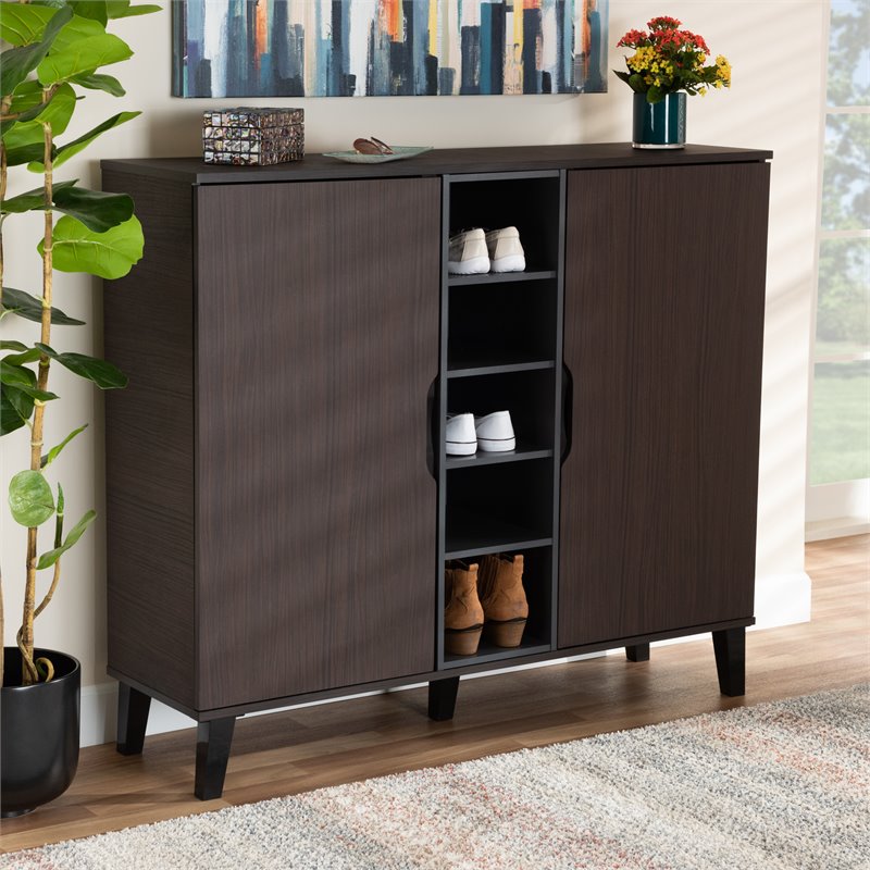 Bowery Hill Two-Tone Dark Brown and Grey Finished Wood 2-Door Shoe Cabinet