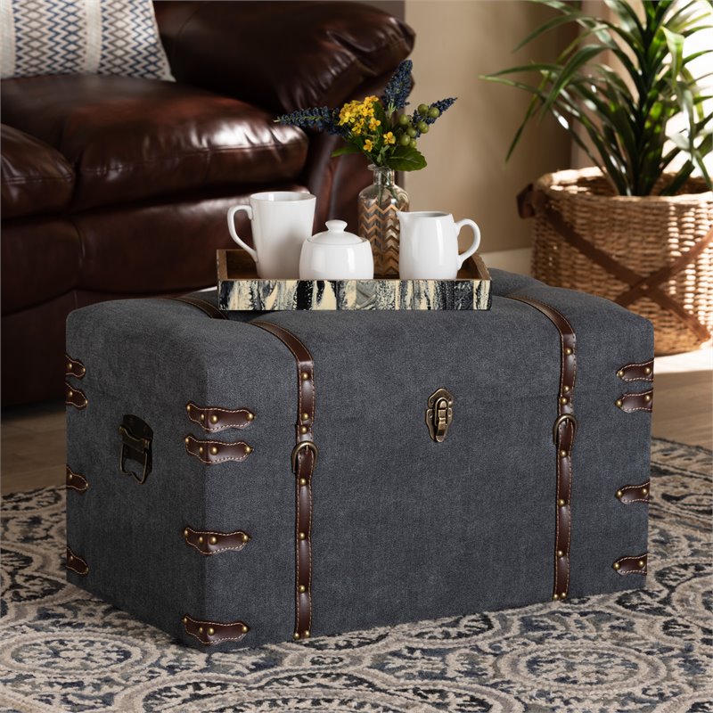 Bowery Hill Transitional Grey Fabric Upholstered Storage Trunk Ottoman