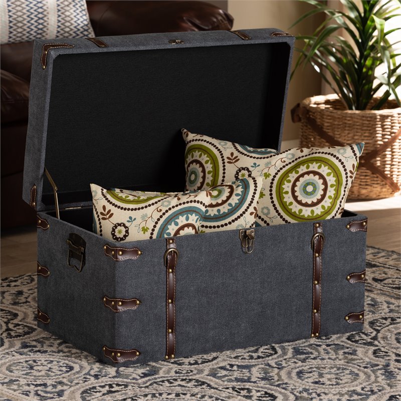 Bowery Hill Transitional Grey Fabric Upholstered Storage Trunk Ottoman