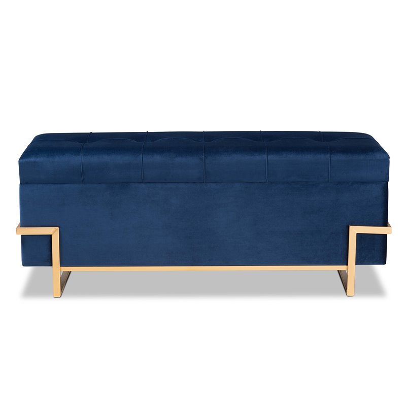 Bowery Hill Navy Blue Velvet Upholstered and Gold  Finished Storage Ottoman