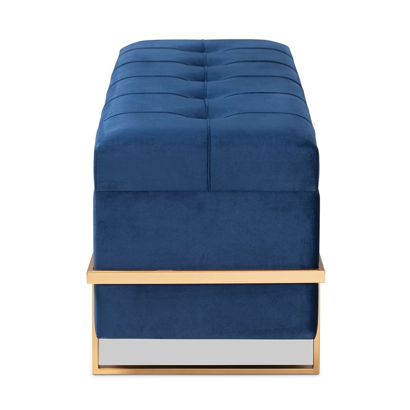 Bowery Hill Navy Blue Velvet Upholstered and Gold  Finished Storage Ottoman