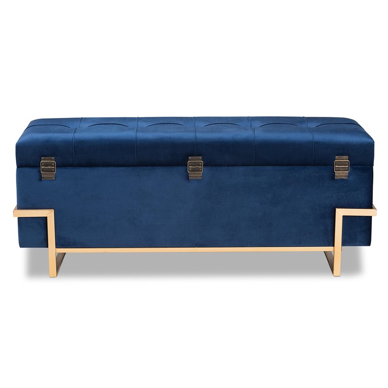 Bowery Hill Navy Blue Velvet Upholstered and Gold  Finished Storage Ottoman