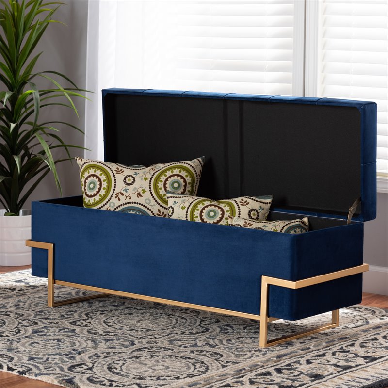 Bowery Hill Navy Blue Velvet Upholstered and Gold  Finished Storage Ottoman