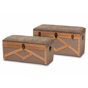 bowery hill brown upholstered and walnut finished wood 2-piece storage ottoman