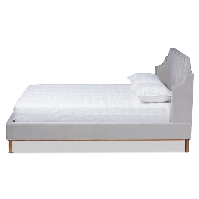 Bowery Hill Contemporary King Size Light Gray Velvet Wingback Platform Bed
