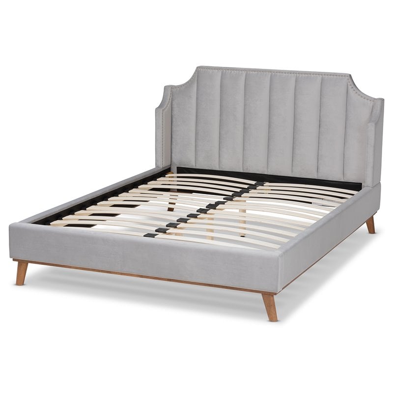 Bowery Hill Contemporary King Size Light Gray Velvet Wingback Platform Bed