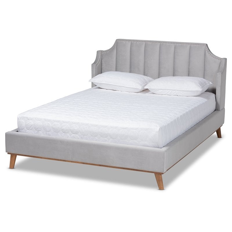 Bowery Hill Contemporary King Size Light Gray Velvet Wingback Platform Bed
