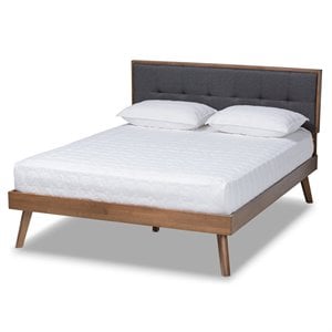 Bowery Hill Queen Size Dark Gray Fabric Walnut Finished Platform Bed
