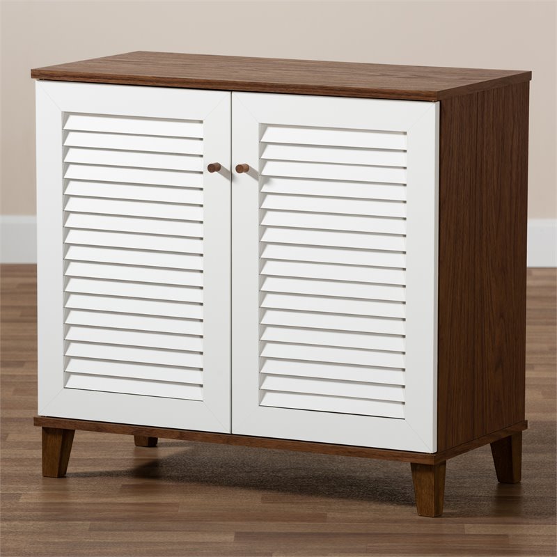 Bowery Hill White and Walnut Finished 4-Shelf Wood Shoe Cabinet