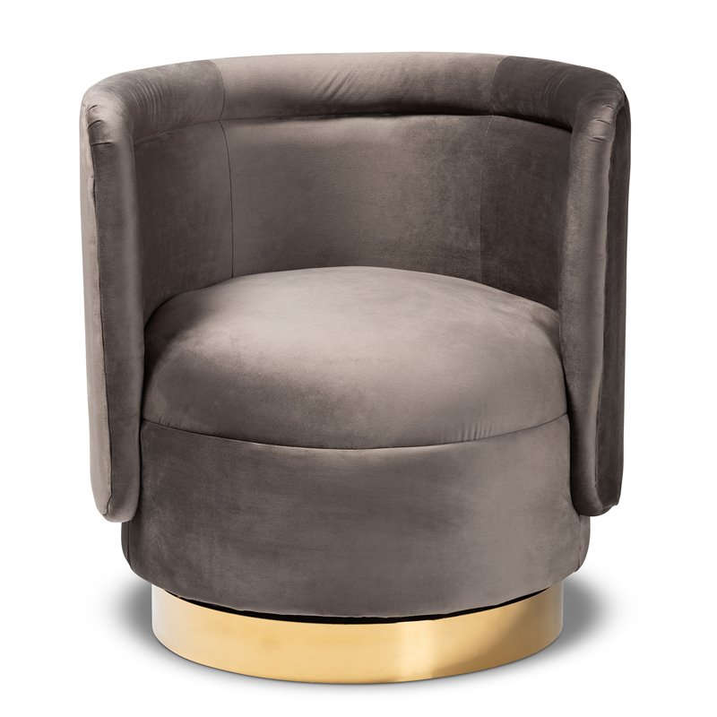 Bowery Hill Gray Velvet Upholstered Gold Finished Swivel Accent Chair