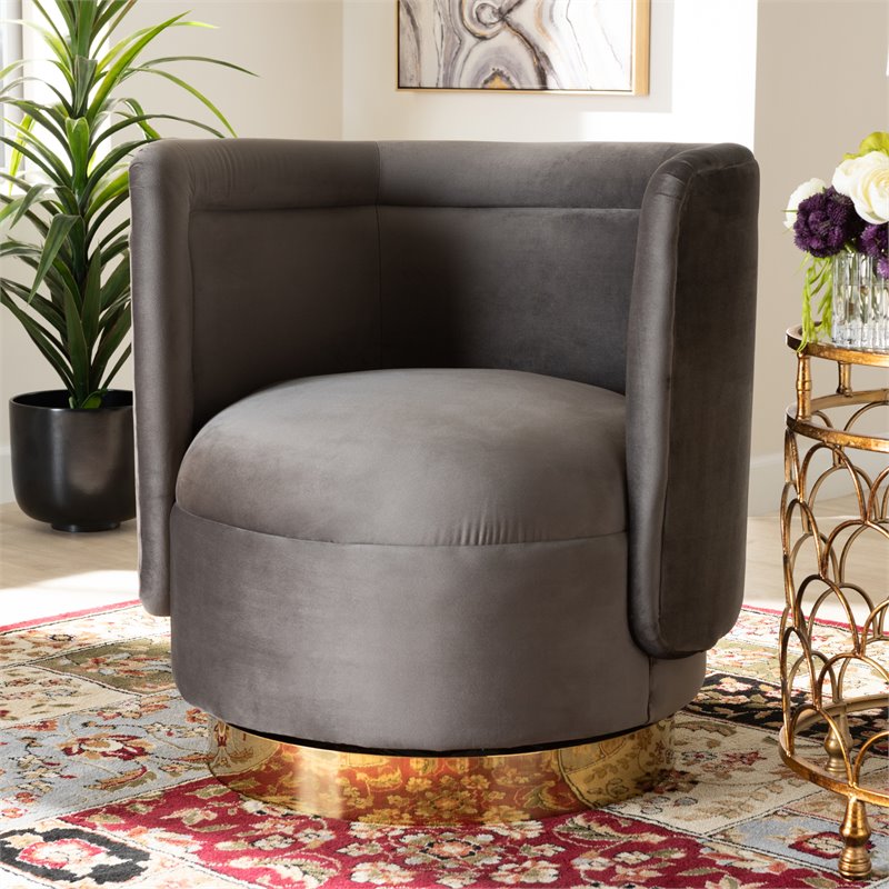 Bowery Hill Gray Velvet Upholstered Gold Finished Swivel Accent Chair