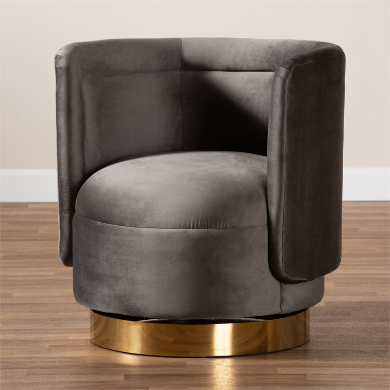 Bowery Hill Gray Velvet Upholstered Gold Finished Swivel Accent Chair