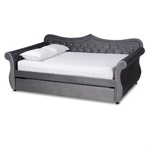 Bowery Hill Traditional Velvet Crystal Tufted Full Daybed with Trundle in Gray
