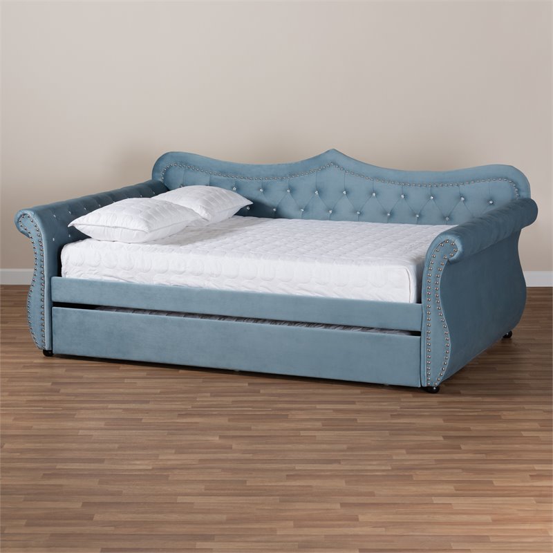 Bowery Hill Light Blue Velvet Tufted Queen Size Wood Daybed with Trundle Cymax Business