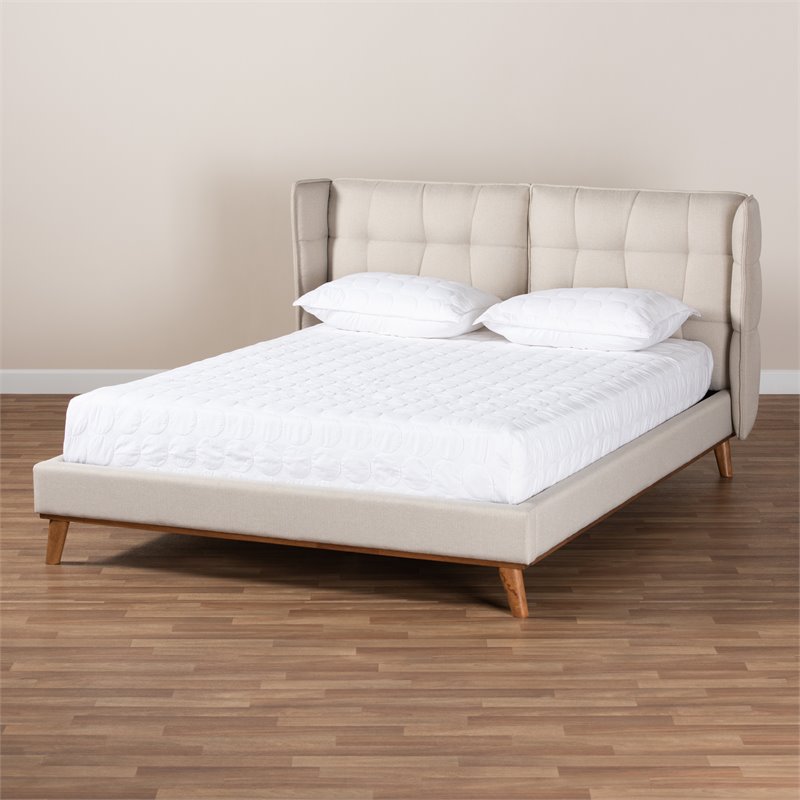 Bowery Hill Queen Size Light Beige Upholstered Platform Wingback Bed
