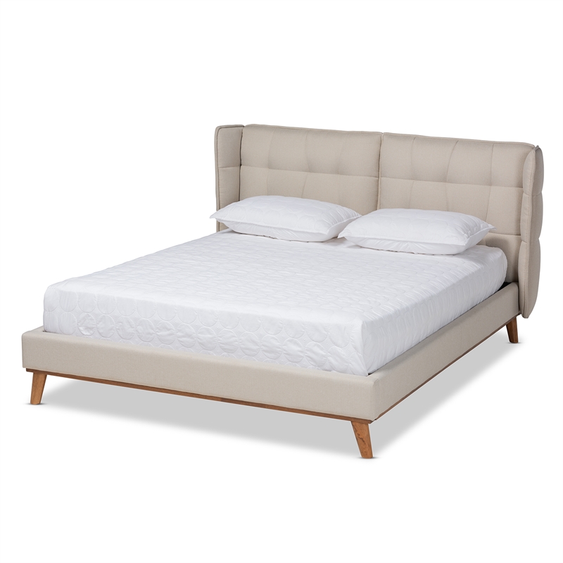 Bowery Hill Queen Size Light Beige Upholstered Platform Wingback Bed