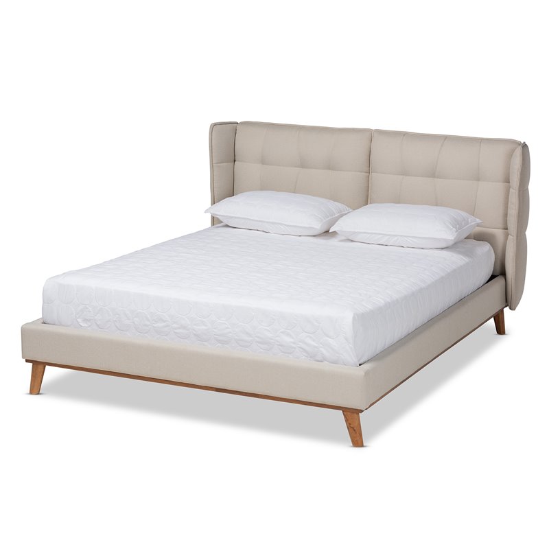 Bowery Hill Queen Size Light Beige Upholstered Platform Wingback Bed