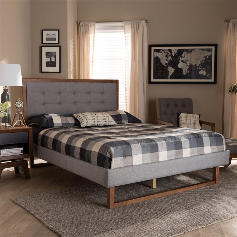 Bowery Hill Transitional Full Size Light Gray Upholstered Wood Platform Bed
