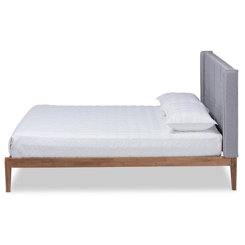 Bowery Hill Modern King Size Gray Upholstered and Ash Walnut Wood Platform Bed