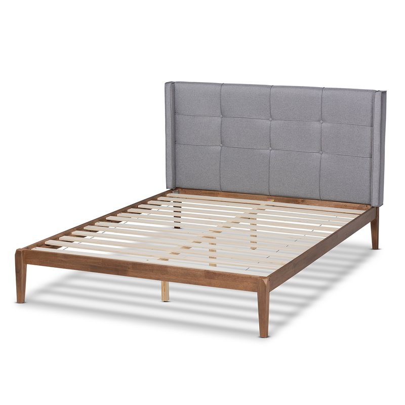 Bowery Hill Modern King Size Gray Upholstered and Ash Walnut Wood Platform Bed