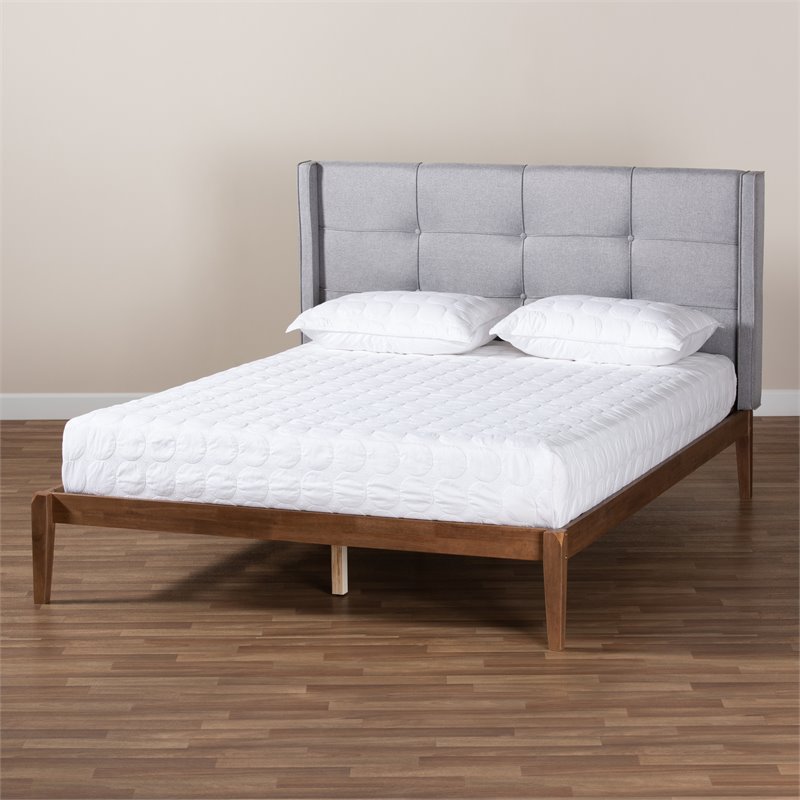 Bowery Hill Modern King Size Gray Upholstered and Ash Walnut Wood Platform Bed