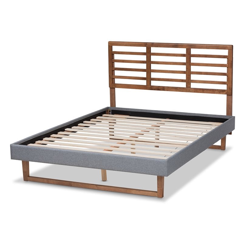Bowery Hill Queen Size Dark Gray Upholstered Ash Walnut Wood Platform Bed