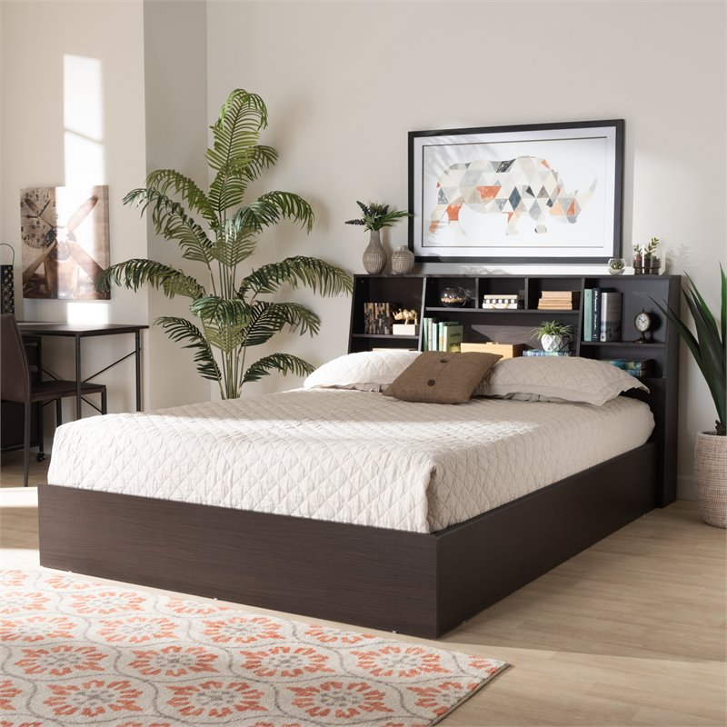 Bowery Hill Modern Queen Size Dark Brown Finished Wood Platform Storage Bed