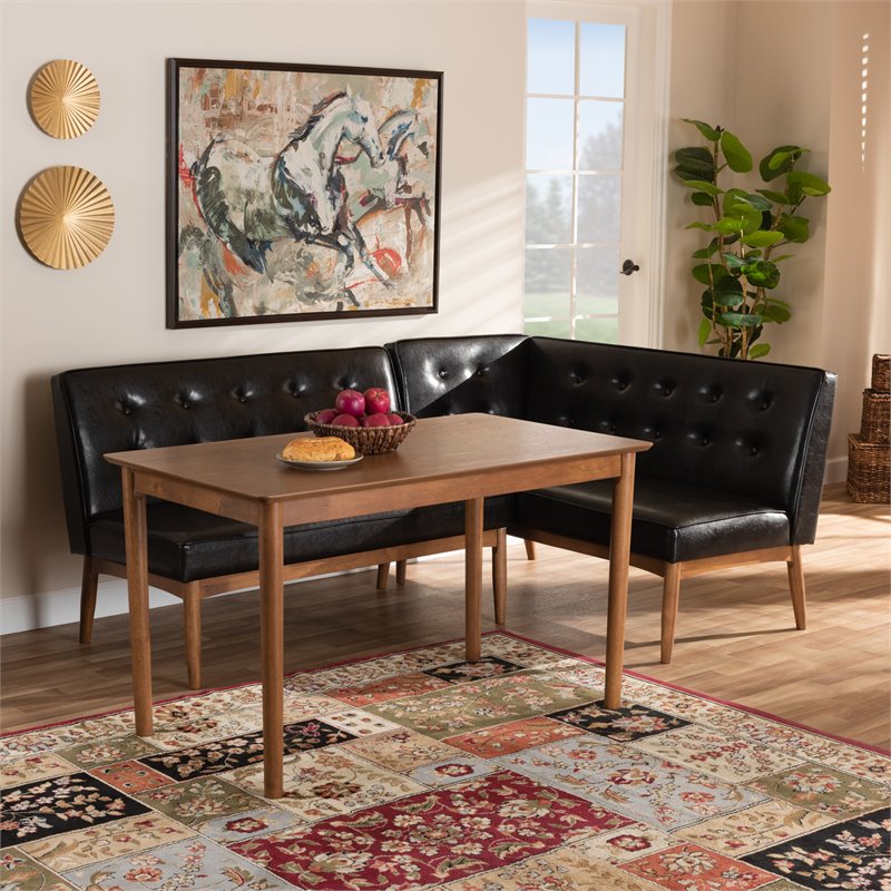 Bowery Hill Dark Brown Faux Leather 3-Piece Wood Dining Nook Set