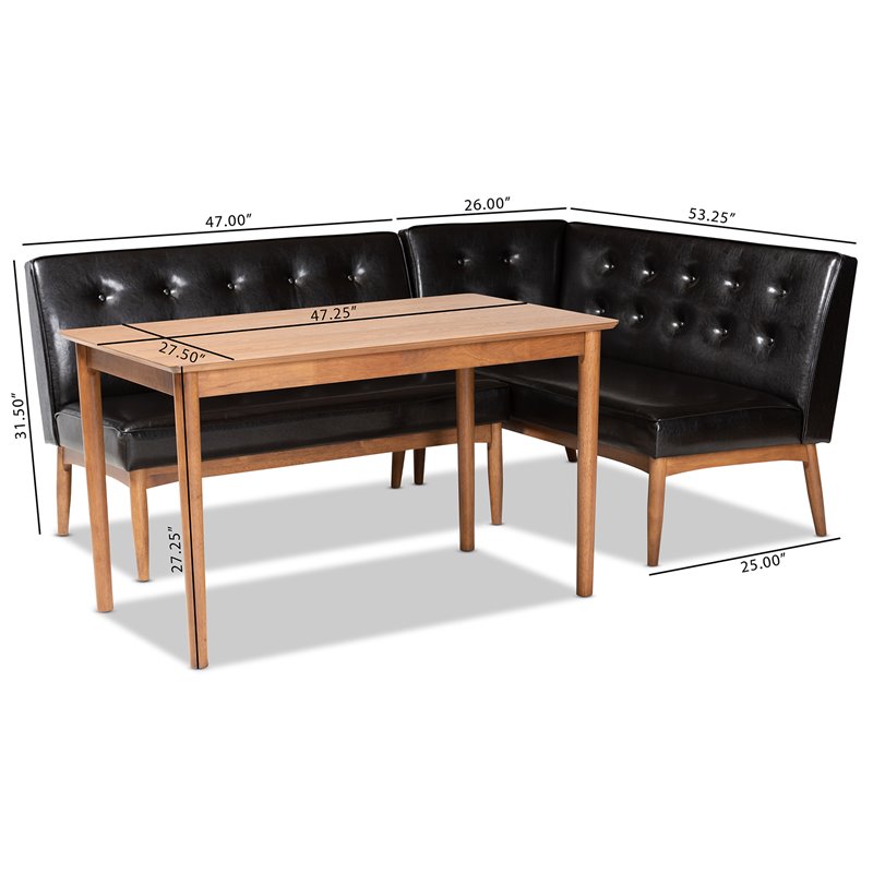 Bowery Hill Dark Brown Faux Leather 3-Piece Wood Dining Nook Set