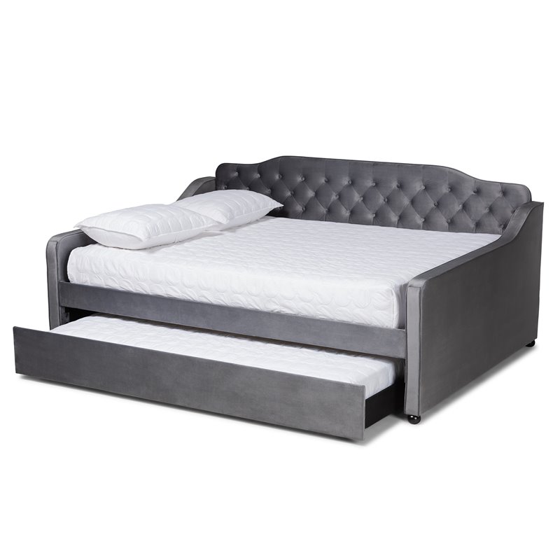 Bowery Hill Transitional Velvet Button Tufted Queen Daybed with Trundle in Gray