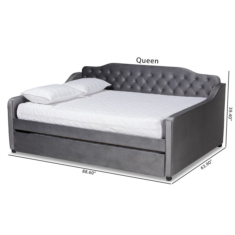 Bowery Hill Transitional Velvet Button Tufted Queen Daybed with Trundle in Gray