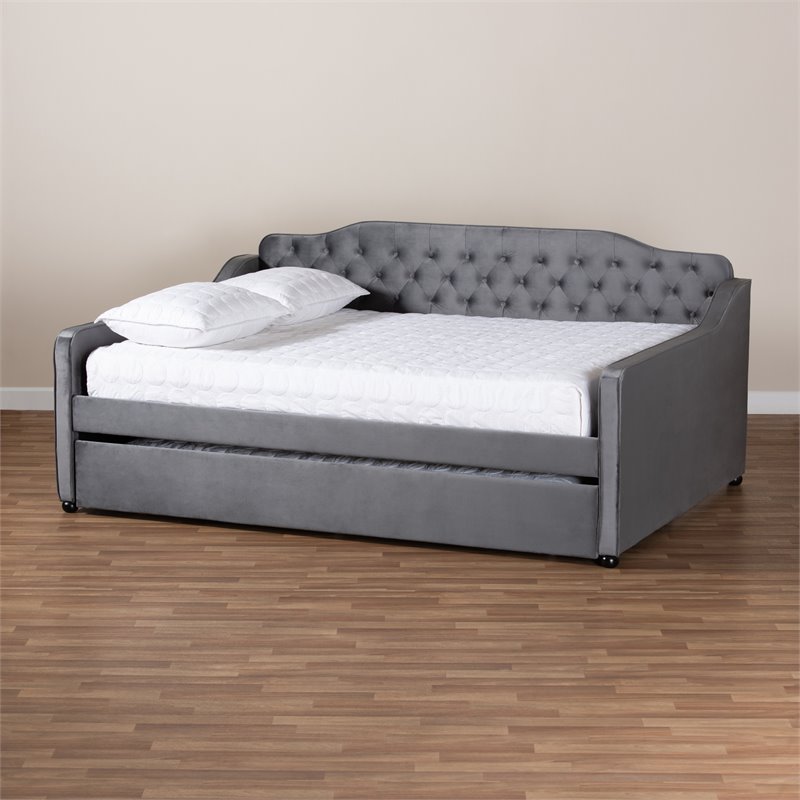 Bowery Hill Transitional Velvet Button Tufted Queen Daybed with Trundle in Gray