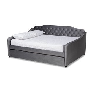 Bowery Hill Transitional Velvet Button Tufted Queen Daybed with Trundle in Gray