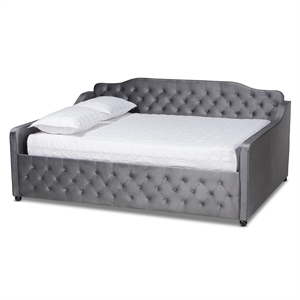 bowery hill traditional gray velvet and button tufted queen size wood daybed