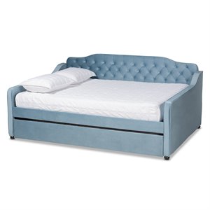 bowery hill transitional velvet tufted queen size daybed with trundle in blue