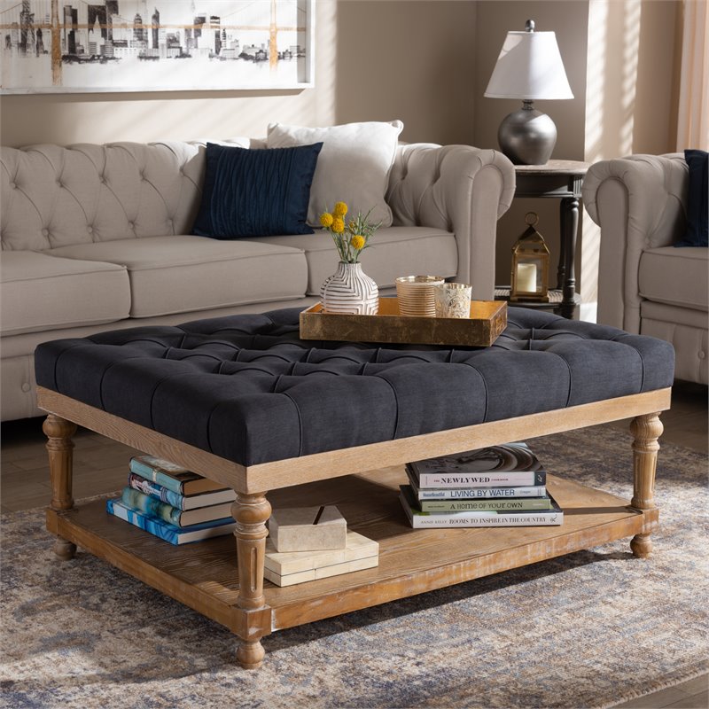 Bowery Hill Charcoal Linen Upholstered Graywashed Cocktail Ottoman