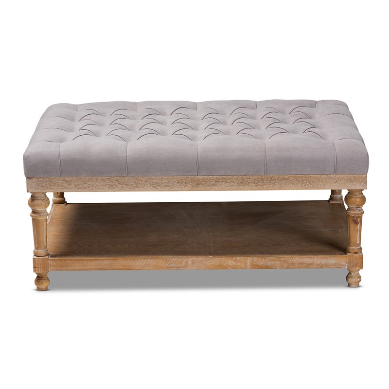 Bowery Hill Gray Linen Upholstered Graywashed Wood Cocktail Ottoman