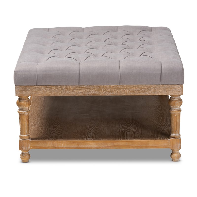 Bowery Hill Gray Linen Upholstered Graywashed Wood Cocktail Ottoman