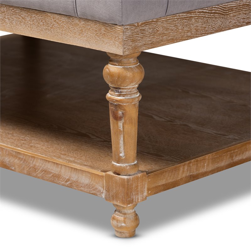 Bowery Hill Gray Linen Upholstered Graywashed Wood Cocktail Ottoman