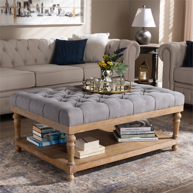 Bowery Hill Gray Linen Upholstered Graywashed Wood Cocktail Ottoman