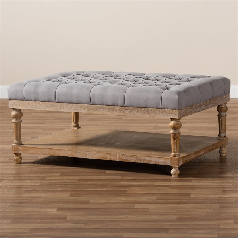 Bowery Hill Gray Linen Upholstered Graywashed Wood Cocktail Ottoman