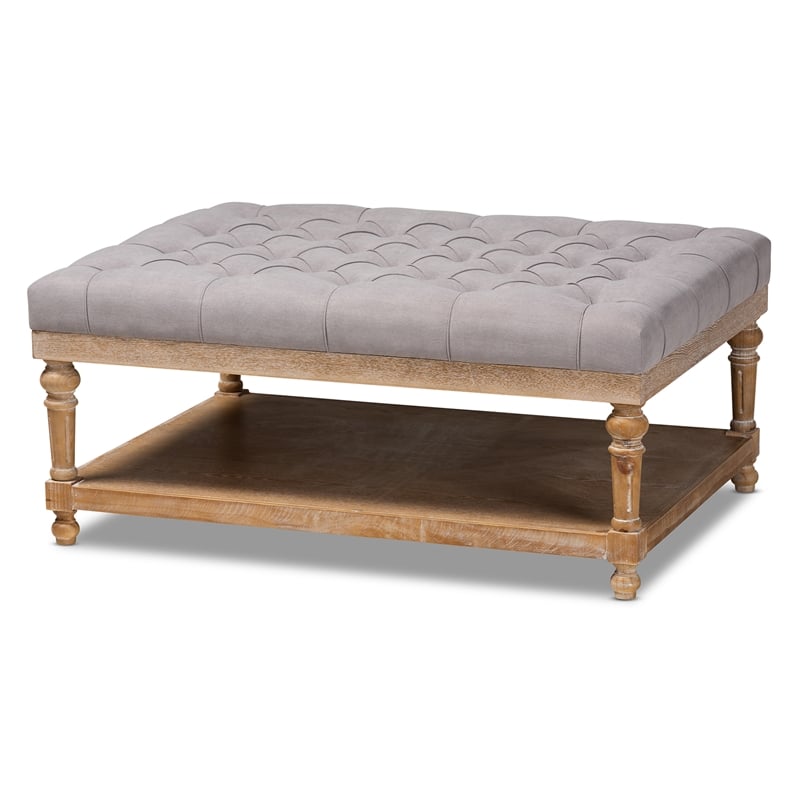 Bowery Hill Gray Linen Upholstered Graywashed Wood Cocktail Ottoman