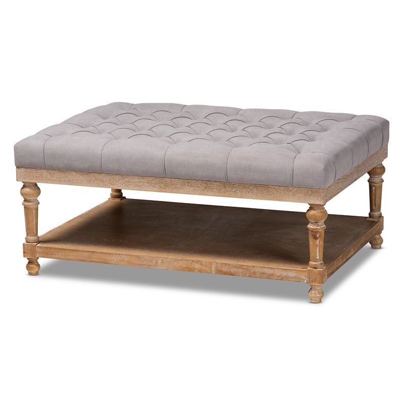 Bowery Hill Gray Linen Upholstered Graywashed Wood Cocktail Ottoman