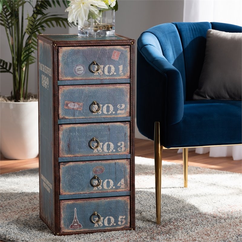Bowery Hill Traditional 5-Drawer MDF Wood Accent Storage Chest in Blue