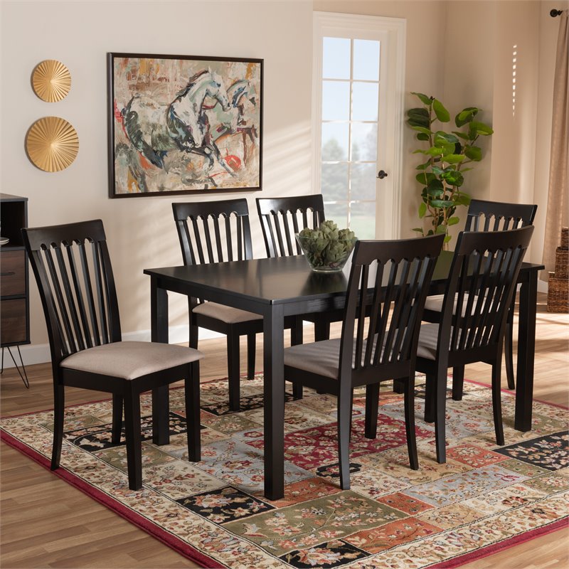 Bowery Hill Sand Fabric Espresso Finished Wood 7-Piece Dining Set