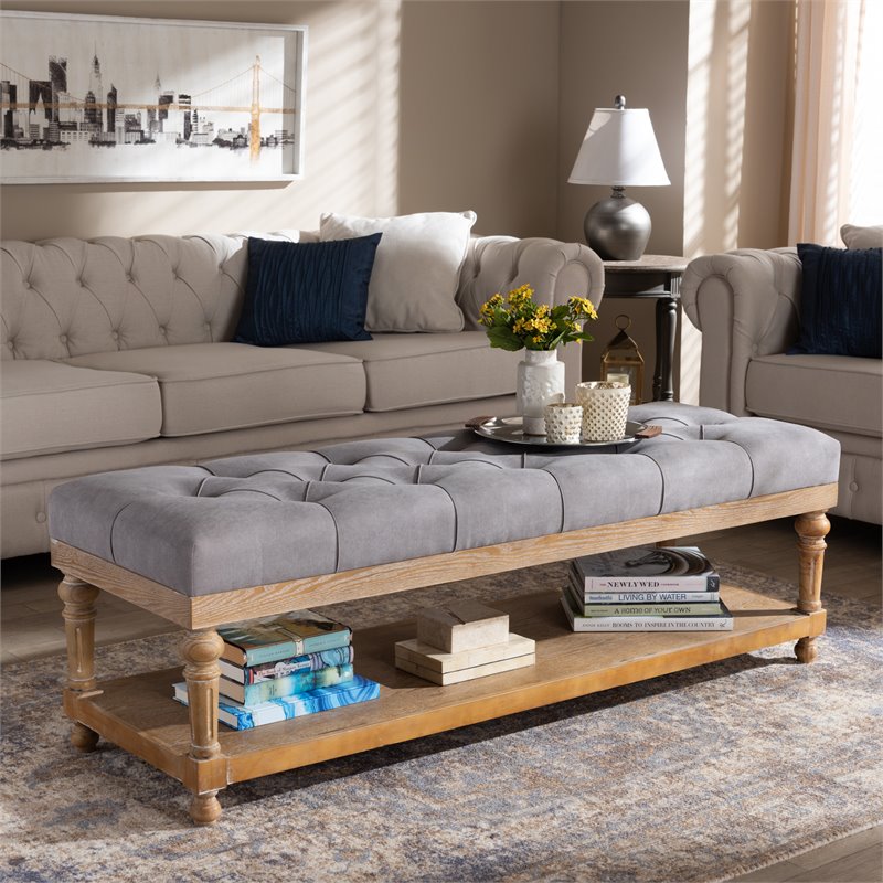 Bowery Hill Gray Linen Upholstered and Graywashed Wood Storage Bench