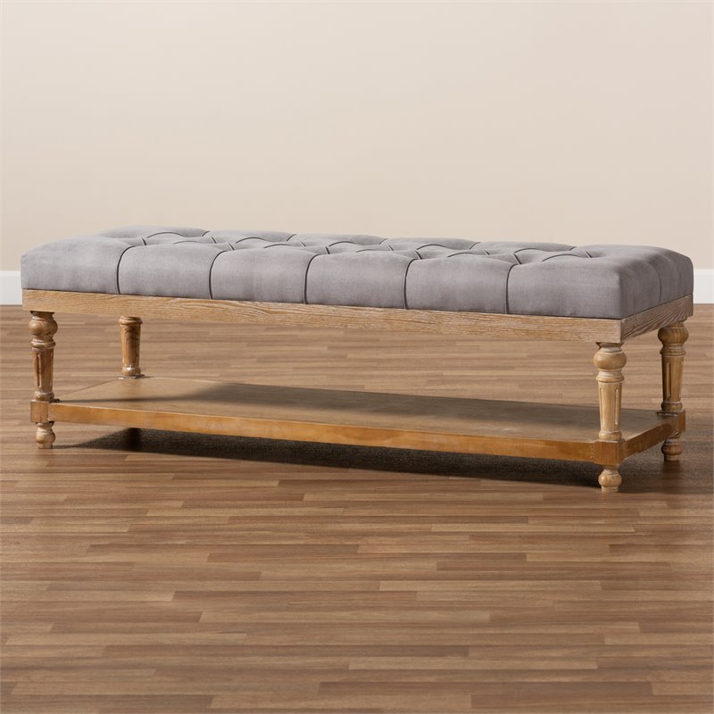 Bowery Hill Gray Linen Upholstered and Graywashed Wood Storage Bench
