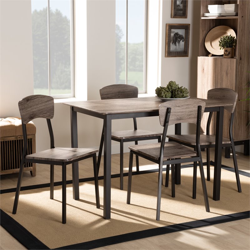 Bowery Hill Black Metal and Rustic Oak Finished Wood 5-Piece Dining Set